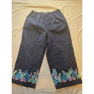 Vtg Erika Floral Hem Pants Womens L Drawstring Waist Cropped Wide Leg Casual